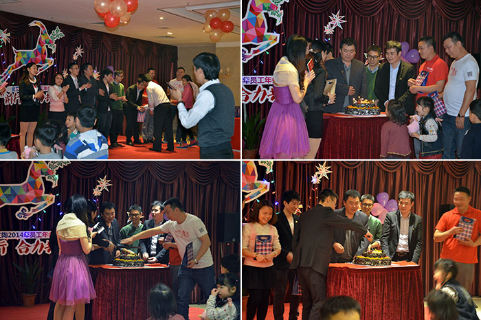 为生日的员工送上蛋糕，，，董事长还为寿星们送上细腻礼物